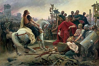 Maleri af Lionel Royer fra 1899, der viser Vercingetorix som overgiver sig til Julius Cæsar.