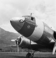 Close-up of DC-3-227A, HB-IRO with red and white neutrality stripes.