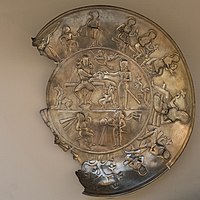 Possible Kushano-Sasanian plate, excavated in Rawalpindi, Pakistan, 350-400 CE.[12] British Museum 124093.[13][14]