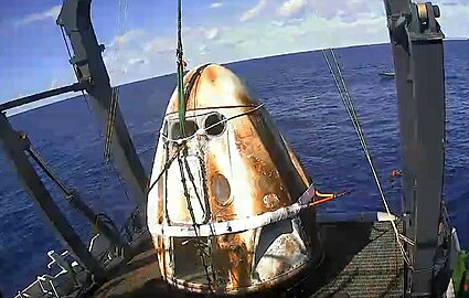 Crew Dragon sits on the vessel, after the Demo-1 mission, 8 March 2019