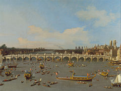 Pont de Westminster, avec la procession du Lord maire sur la Tamise (1747)[1].