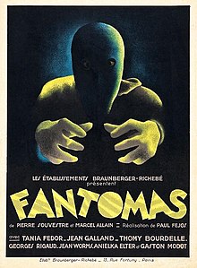 Affiche du film Fantômas de Paul Fejos (1932), le premier long-métrage parlant consacré au personnage. L'affichiste anonyme fait ressortir les mains d'étrangleur de Fantômas, méthode d'assassinat favorite du « Maître de l'Effroi ».