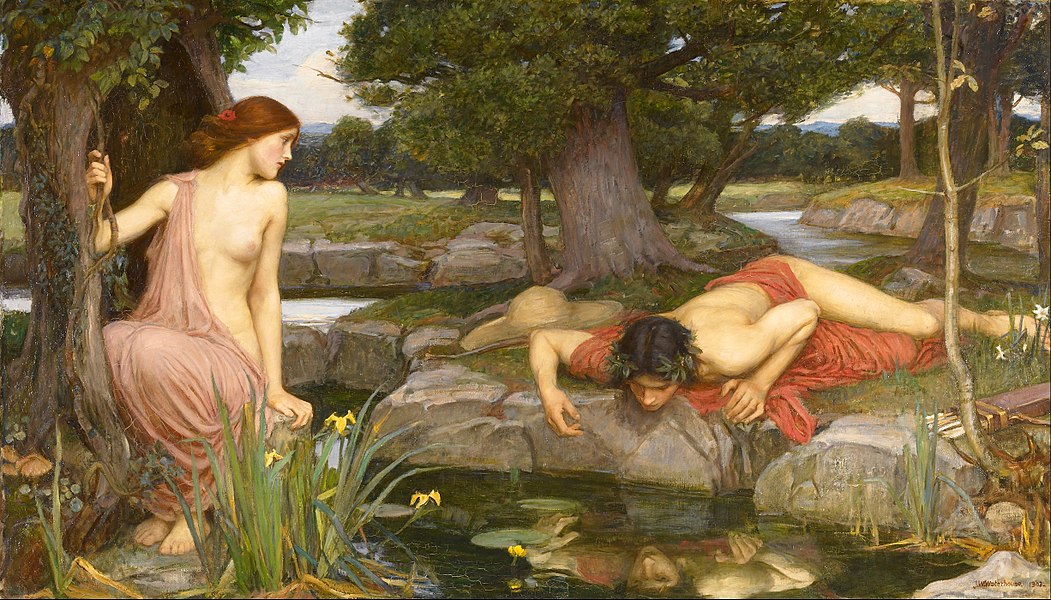 Love can also be tragic: in Echo and Narcissus by John William Waterhouse, we see Echo, who loves Narcissus, and Narcissus, who loves himself. It doesn't end well for either.