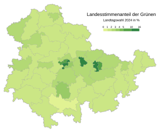 Bündnis 90/Die Grünen ﻿Höchstes: 15,2 % (Jena I) ﻿Niedrigstes: 0,9 % (Hildburghausen II/Sonneberg II)