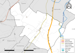 Carte en couleur présentant le réseau hydrographique de la commune