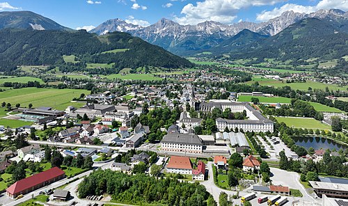 South aerial view of Admont, Austria