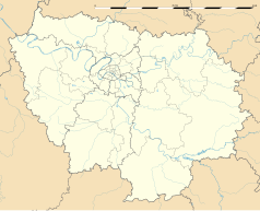 Mapa konturowa Île-de-France, blisko centrum na lewo u góry znajduje się punkt z opisem „Stade Roland Garros”