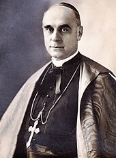 Photographie en noir et blanc représentant le cardinal Merry del Val en tenue ecclésiastique.