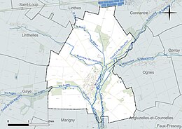 Carte en couleur présentant le réseau hydrographique de la commune