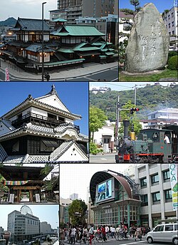 Frae tap left:Dōgo Onsen, Stone monument o Shiki Masaoka, Matsuyama Castle, Botchan train, The gate o Ishite-ji, Iyotetsu Matsuyama-shi Station, Gintengai Street