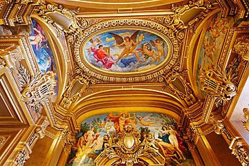 Ceiling of the octagonal salon at the eastern end with Jules-Élie Delaunay's central oval panel, The Zodiac, and over-door panel, Apollo Receiving the Lyre[35]