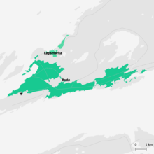 Karte, in der der Tettsted Bodø eingezeichnet ist, nördlich davon der kleinere Tettsted Løpsmarka, im Südwesten der Flughafen