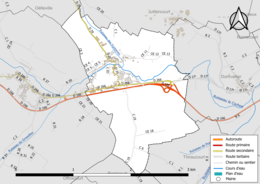 Carte en couleur présentant le réseau hydrographique de la commune