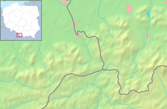 Mapa konturowa Beskidu Śląskiego, u góry po prawej znajduje się czarny trójkącik z opisem „Skalite”