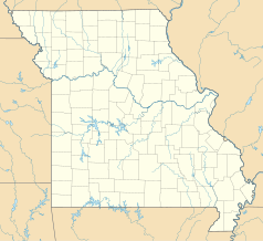 Mapa konturowa Missouri, po prawej znajduje się punkt z opisem „Uniwersytet Waszyngtona w St. Louis”