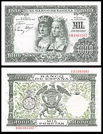 Anverso y reverso del billete de mil pesetas del año 1957