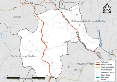 Carte en couleur présentant le réseau hydrographique de la commune