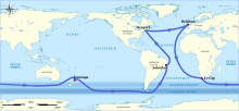 Mappemonde illustrant le parcours d'Around Alone 2002