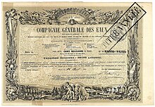 Certificat provisoire de fondation de la Compagnie Générale des Eaux (CGE) de 5 actions de 125 francs chacune, daté à Paris le 16 août 1853, signé de la main de Barthélemy Prosper Enfantin en tant que directeur. La création de la Compagnie Générale des Eaux, qui prendra le nom de Vivendi en 1998, découle des idées socialistes du saint-simonien Enfantin.