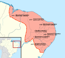 Map of Dutch Brazil from 1630-1654, overlayed on a modern-day map of Brazil.