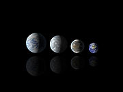 Comparació de la mida dels planetes Kepler-69c, Kepler-62e, Kepler-62f, i la Terra. Tots excepte la Terra són visions artístiques.