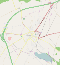 Mapa konturowa Olsztynka, w centrum znajduje się punkt z opisem „Kaplica Kościoła Ewangelicko-Augsburskiego w Olsztynku”