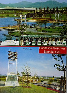 Blick auf die Rheinaue. 1979 gestaltet für die Bundesgartenschau. Das Foto enthält zwei Aufnahmen. Oben: Blumenbahn, im Hintergrund die Konrad-Adenauer-Brücke und das Siebengebirge. Unten: Glockenhügel mit dem Carillon.