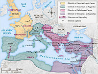 Map of the Roman Empire under the Tetrarchy, showing the dioceses and the four Tetrarchs' zones of influence