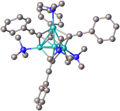 Structure of the cluster formed from PhC2Li complexed to N,N,N′,N′-tetramethyl-1,6-diaminohexane (methylene groups omitted for clarity). Color key: turquoise = Li, blue = N.[8]