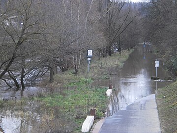 Floods and a river bank with space for rain, river Lahn in a city.