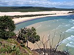 A grassy hilltop overlooking a shallow sand beach, with thick forests in the backgroun