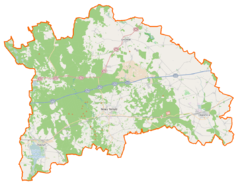 Mapa konturowa powiatu nowotomyskiego, po prawej nieco na dole znajduje się punkt z opisem „Parafia pw. św. Mateuszaw Opalenicy”