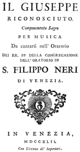 Paolo Scalabrini – Il Giuseppe riconosciuto – Titelseite des Librettos – Venedig 1742