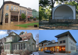 Read clockwise, from top-left: Federal Avenue Plaza, East Park Band Shell, Park Inn Hotel by Frank Lloyd Wright, Meredith Willson House