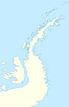 Mapa konturowa Półwyspu Antarktycznego, u góry znajduje się punkt z opisem „Base Yelcho”