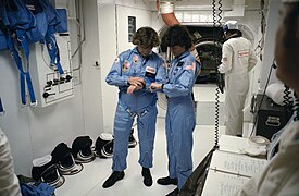 Astronauts Sullivan and Ride synchronize their watches before liftoff (41G-90082).jpg