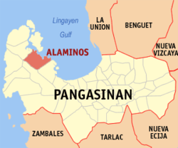 Mapa ng Pangasinan na nagpapakita sa lokasyon ng lungsod ng Alaminos.