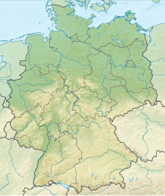 Mapa konturowa Niemiec, w centrum znajduje się punkt z opisem „źródło”, natomiast blisko centrum na prawo znajduje się punkt z opisem „ujście”