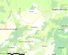 Carte élémentaire montrant les limites de la commune, les communes voisines, les zones de végétation et les routes