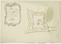 Plattegrond van de "Veld-Schans Anke, geleegen omtrent 1 uur gaans bewesten Batavia". (C.A. Luepken (landmeter en kaartenmaker), 1682, collectie Nationaal Archief, 's-Gravenhage)