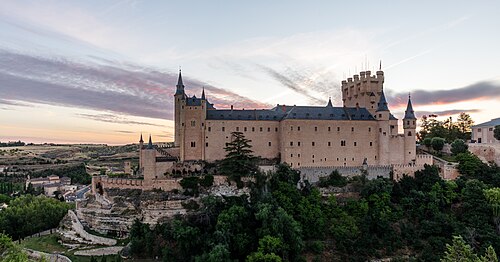 View of the Alcázar of Segovia during sunrise, Segovia, Castile and León, Spain.