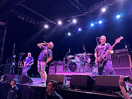 Descendents performing at the Fillmore Auditorium in 2022. Left to right: Egerton, Aukerman, Stevenson (behind drum kit), and Alvarez.