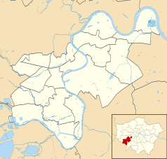 Mapa konturowa gminy Richmond upon Thames, blisko centrum na prawo znajduje się punkt z opisem „Richmond Park”