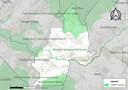 Carte des ZNIEFF de type 1 sur la commune.