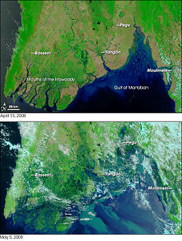 De Irrawaddy delta voor en na cycloon Nargis