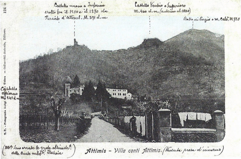 File:Cartolina di Villa d'Attems a Pecòl e le rovine dei castelli di Attimis Superiore e Inferiore durante un inverno precedente al 1940.png