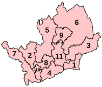 A map of a county, divided into eleven constituencies