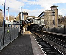 View east from the railway platform towards station buildings.