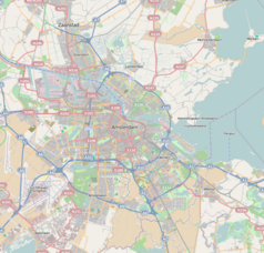 Mapa konturowa Amsterdamu, blisko centrum po lewej na dole znajduje się punkt z opisem „Het Nederlandsch Sportpark”