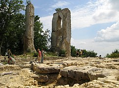 Mise au jour d'un alignement de blocs de grès lors de la campagne de fouilles 2008.